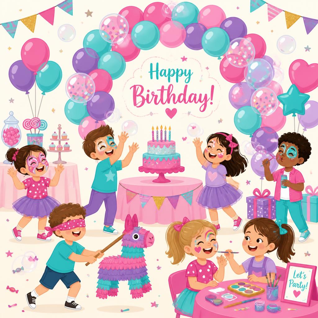 Niños jugando y celebrando un cumpleaños con globos y torta