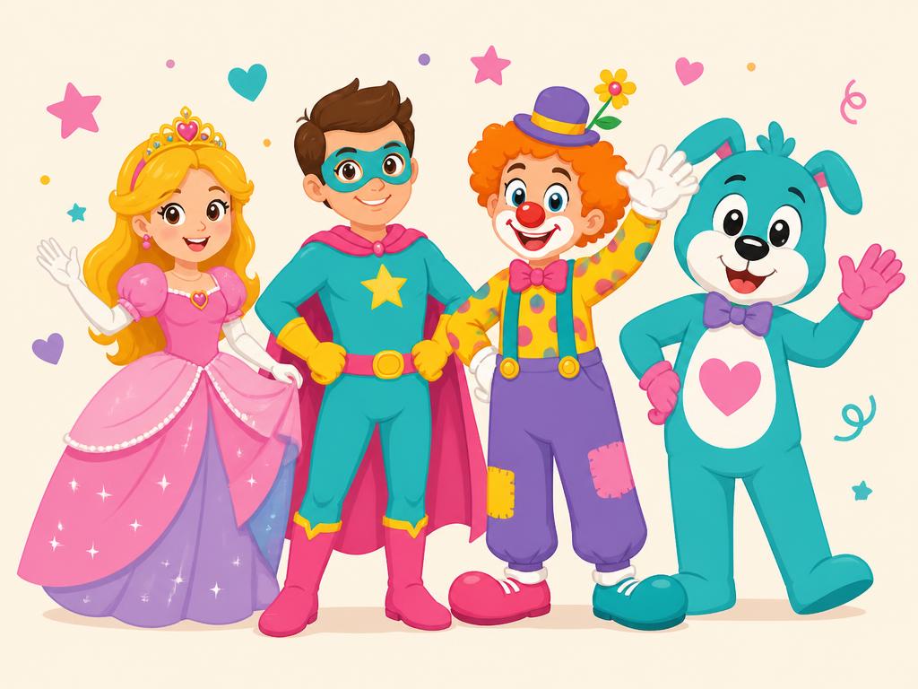 Personajes disfrazados: princesa, superhéroe, payasito y botarga